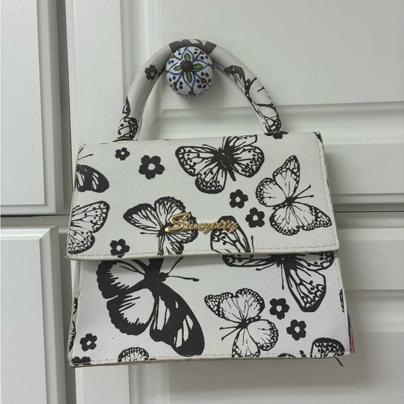 Handbags - Stylish Black and White Butterfly Print Handbag
